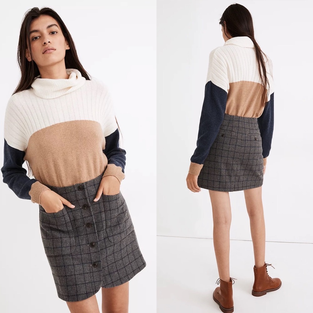 Madewell Wool Button-Front Mini Skirt in Windowpane Size 10 NWOT